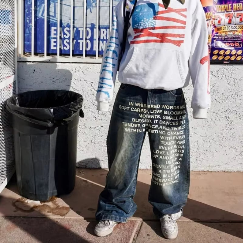 American retro patterned alphabet men jeans personalized street clothing goth men and women fashion casual pants