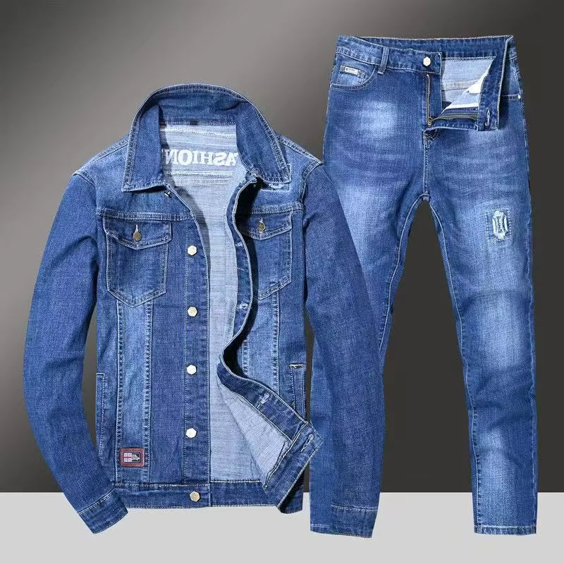 Men’s Loose Fit Denim Set – Korean Style Jacket & Jeans, Trendy Casual 2-Piece Streetwear Outfit