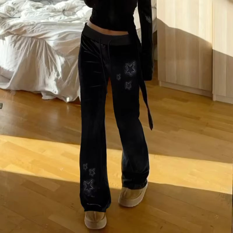 Rhinestones Star Velvet Flared Pants Aesthetic High Waist Baggy Sweatpants Jogging Casual Basic Boot Cut Trousers