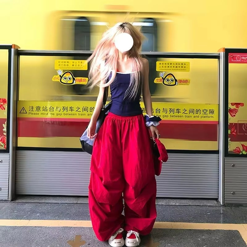 MEXZT Red Cargo Pants Women Harajuku Baggy Sweatpants Streetwear Wide Leg Joggers Summer Gyaru Korean Casual Trousers New