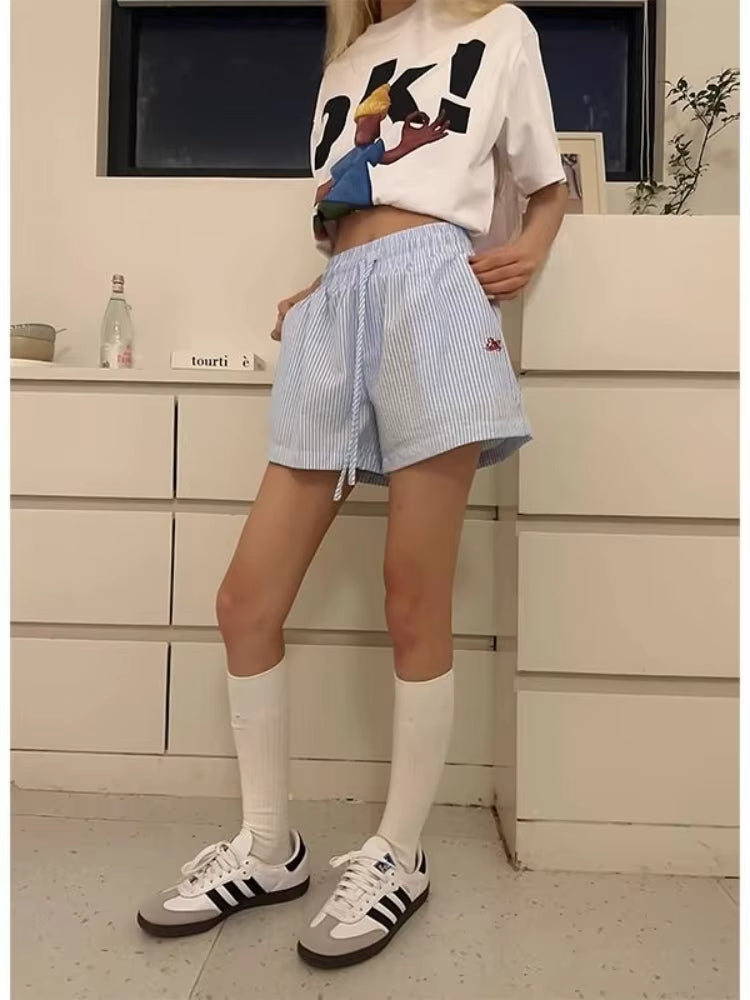HOUZHOU Striped Shorts for Women Harajuku Blue Baggy Elastic Waist Short Pants Korean Style Casual Fashion Retro Shorts