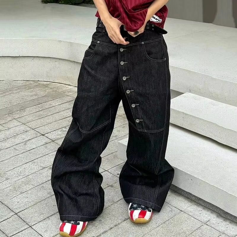 PFNW American High Street Curved Long Button Scimitar Men's Jeans Summer Loose Wide-Leg Pants Trendy Male Trousers 28W8103