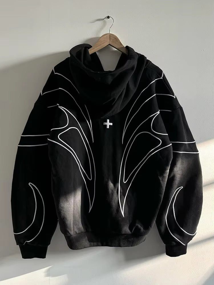Street Retro Fashion Clothing Striped Embroidered Black Double Zipper Hoodie American Hip-hop Punk Oversized Sweatshirt