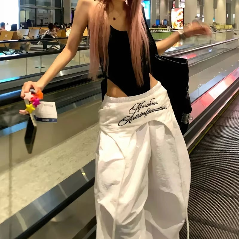 MEXZT White Cargo Pants Women Streetwear Embroidery Baggy Sweatpants Harajuku Wide Leg Joggers Summer Oversized Trousers New