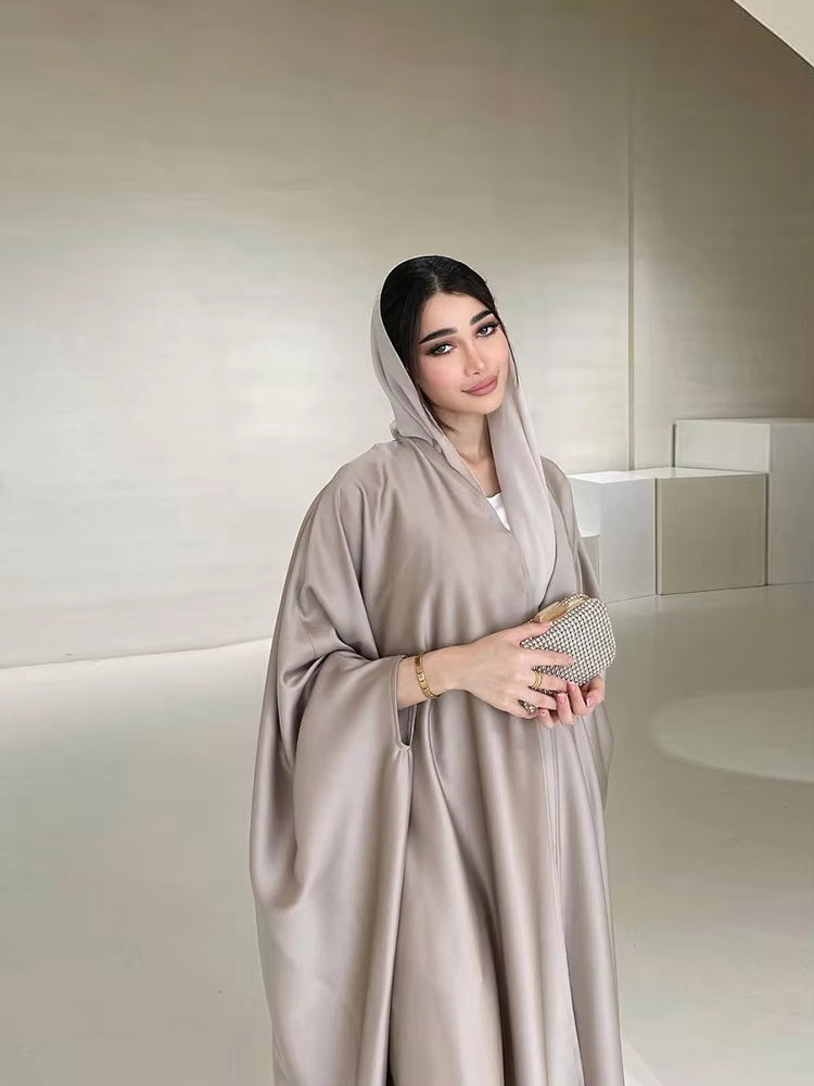Elegant Satin Abaya for Women – Bat Sleeve Hooded Long Robe, Loose Modest Middle Eastern Kaftan Coat