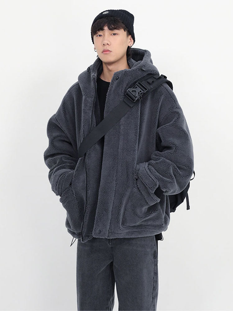Mauroicardi Winter Thick Warm Oversized Dark Grey Sherpa Jacket Men with Hood Zip Up Fluffy Loose Casual Faux Lamb Fur Coat 2026