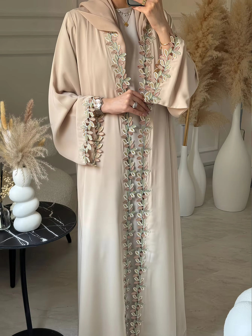 Elegant Beige Embroidered Abaya – Dubai Style Modest Dress with Multicolor Floral Detail for Women