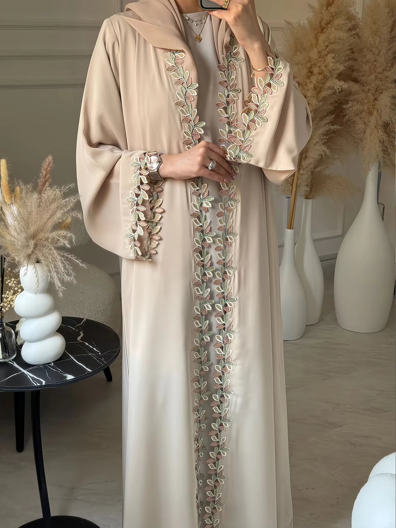 Elegant Beige Embroidered Abaya – Dubai Style Modest Dress with Multicolor Floral Detail for Women