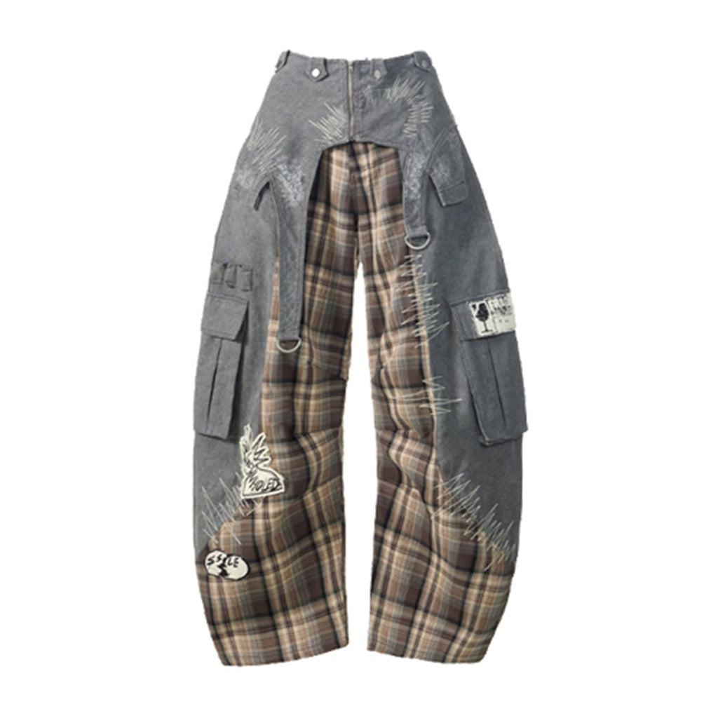 Women's Streetwear Patchwork Plaid Denim Pants Wide Leg with Graphic Print Cargo Trousers Casual Hip Hop Fashion Pants