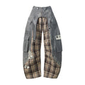 Women's Streetwear Patchwork Plaid Denim Pants Wide Leg with Graphic Print Cargo Trousers Casual Hip Hop Fashion Pants