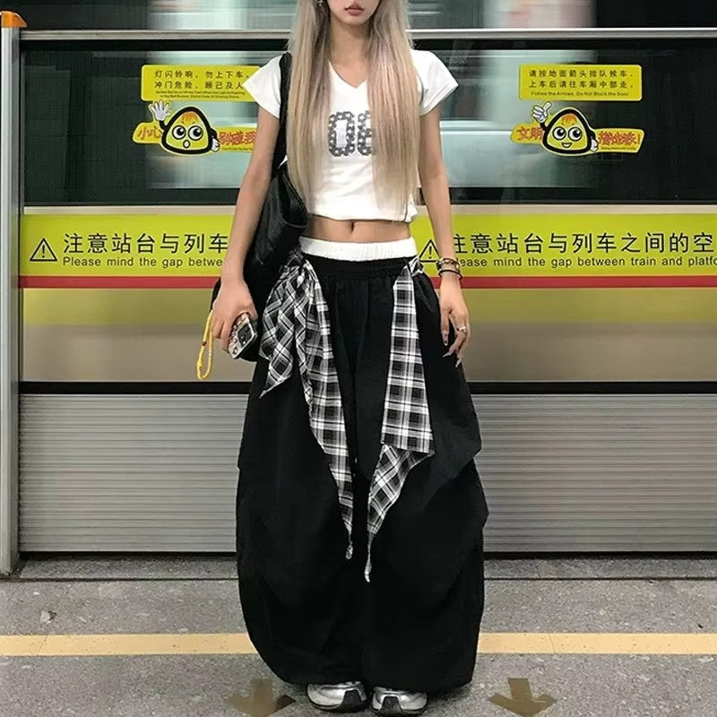 Black Cargo Pants Women Streetwear Plaid Patchwork Baggy Sweatpants Harajuku Wide Leg Joggers Summer Korean Casual Trousers