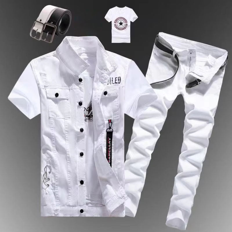 2pcs Set Mens Boys Casual Denim Vest Sleeveless Waistcoat -Jeans Pants Trousers for Summer Autumn Spring Free Send Tshirt Belt