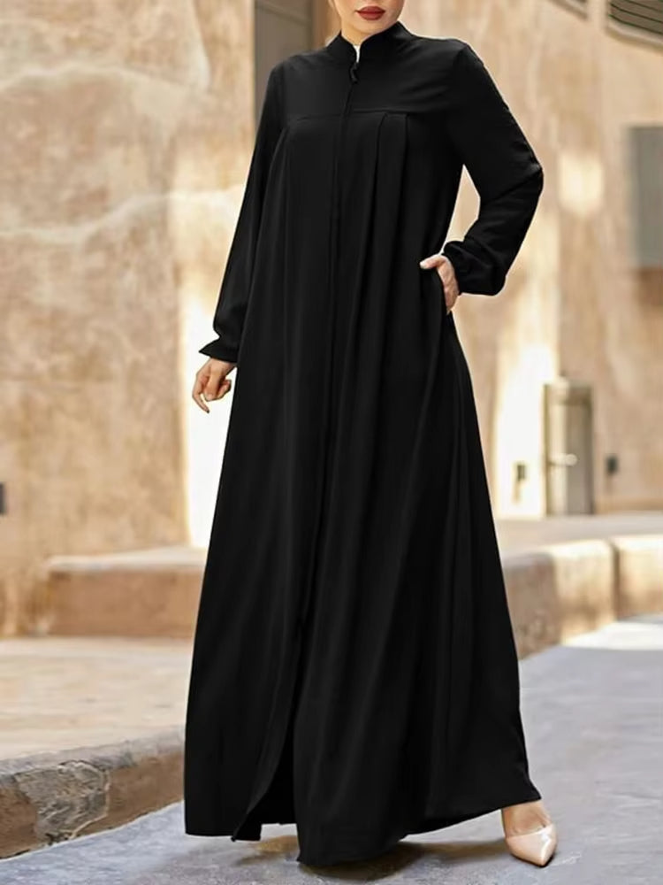 Elegant Black Abaya Dress – Stand Collar Long Sleeve Modest Maxi with Zipper Pocket, Loose Casual Islamic Wear