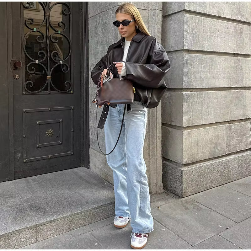 Vintage PU Leather Bomber Jackets 2026 Autumn New Ladies Zipper Lapel Long Sleeve Pocket Coat With Belt Women's Loose Streetwear