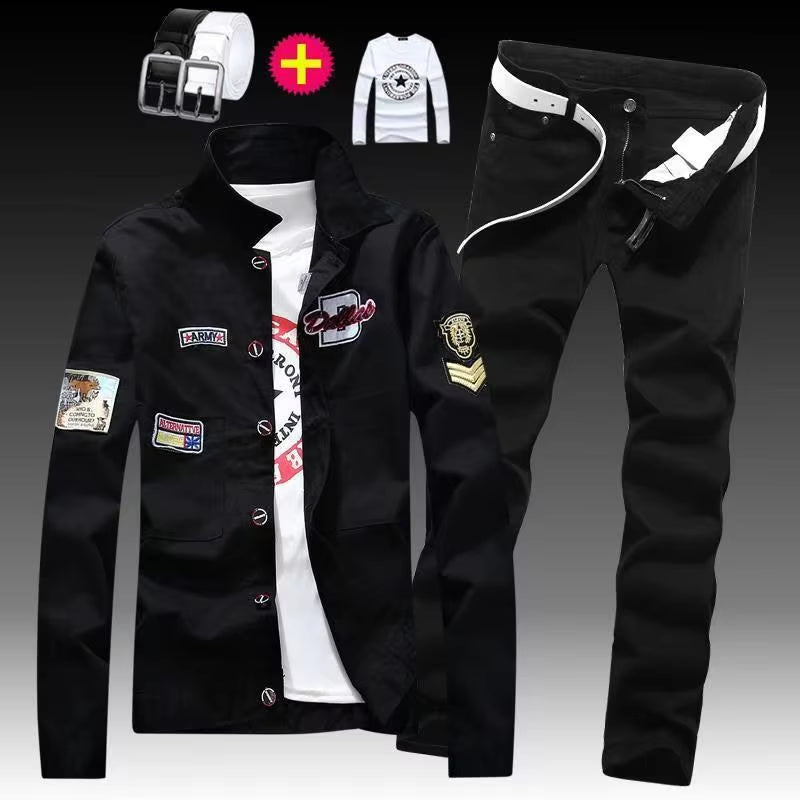 Men's Black Denim Jacket and Jeans Set, Slim Fit Streetwear Outfit for Men with Patch Detail