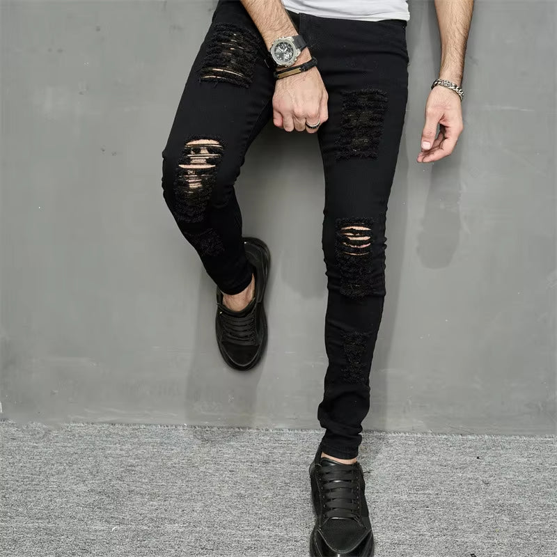 Men Jeans Ankle Length Hole Vintage Ripped Pencil Pants Denim Skinny Pockets Distressed Slim Moto Biker Solid Washed