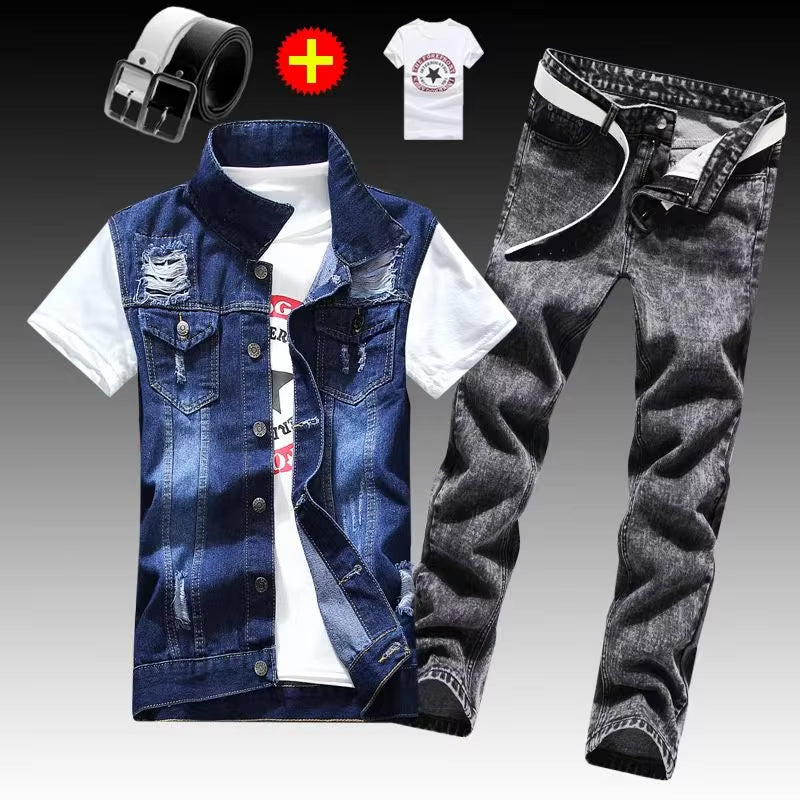 Men’s Slim Fit 3PCS Denim Set – Sleeveless Jacket, T-Shirt & Pencil Pants, Casual Spring Autumn Outfit for Men