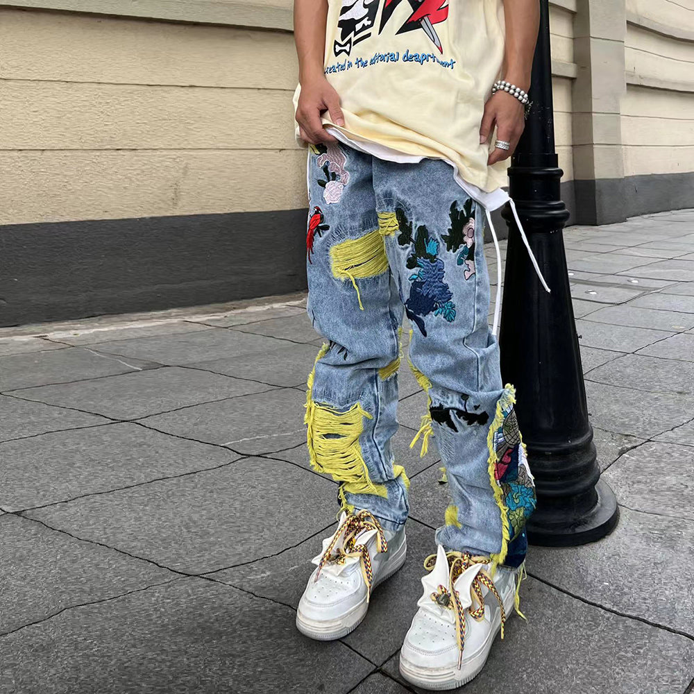 Chinese Painting Embroidered Patch Denim Ripped Jeans for Men Streetwear Pleated Tassels Distressed Destroyed Jean Straight Male