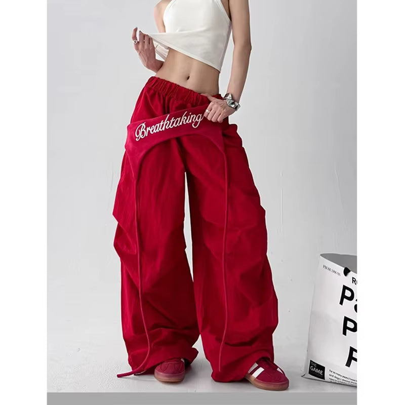 Korean Cargo Pants Women Streetwear Letter Print Baggy Sweatpants Gyaru Harajuku Wide Leg Joggers Summer Casual Trousers