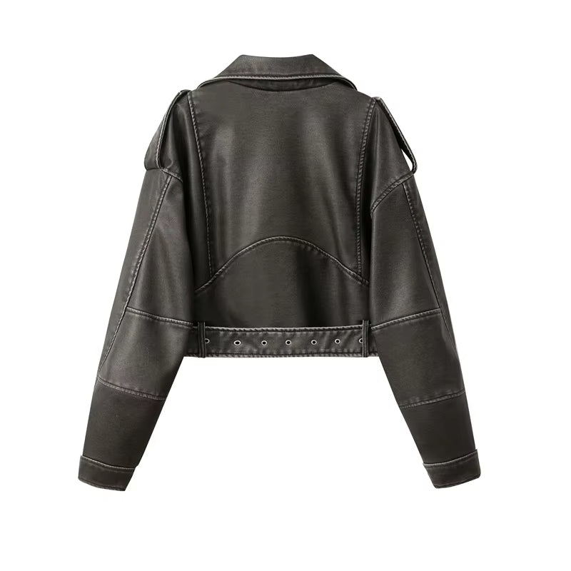 2026 New Coal graysty le Women's washed leather jacket with belt, short coat with downgraded zipper and vintage lapel jacket