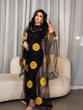 Elegant Black Kaftan Abaya Dress – Floral Embroidery Evening Gown for Women, Modest Maxi Prom Dress Plus