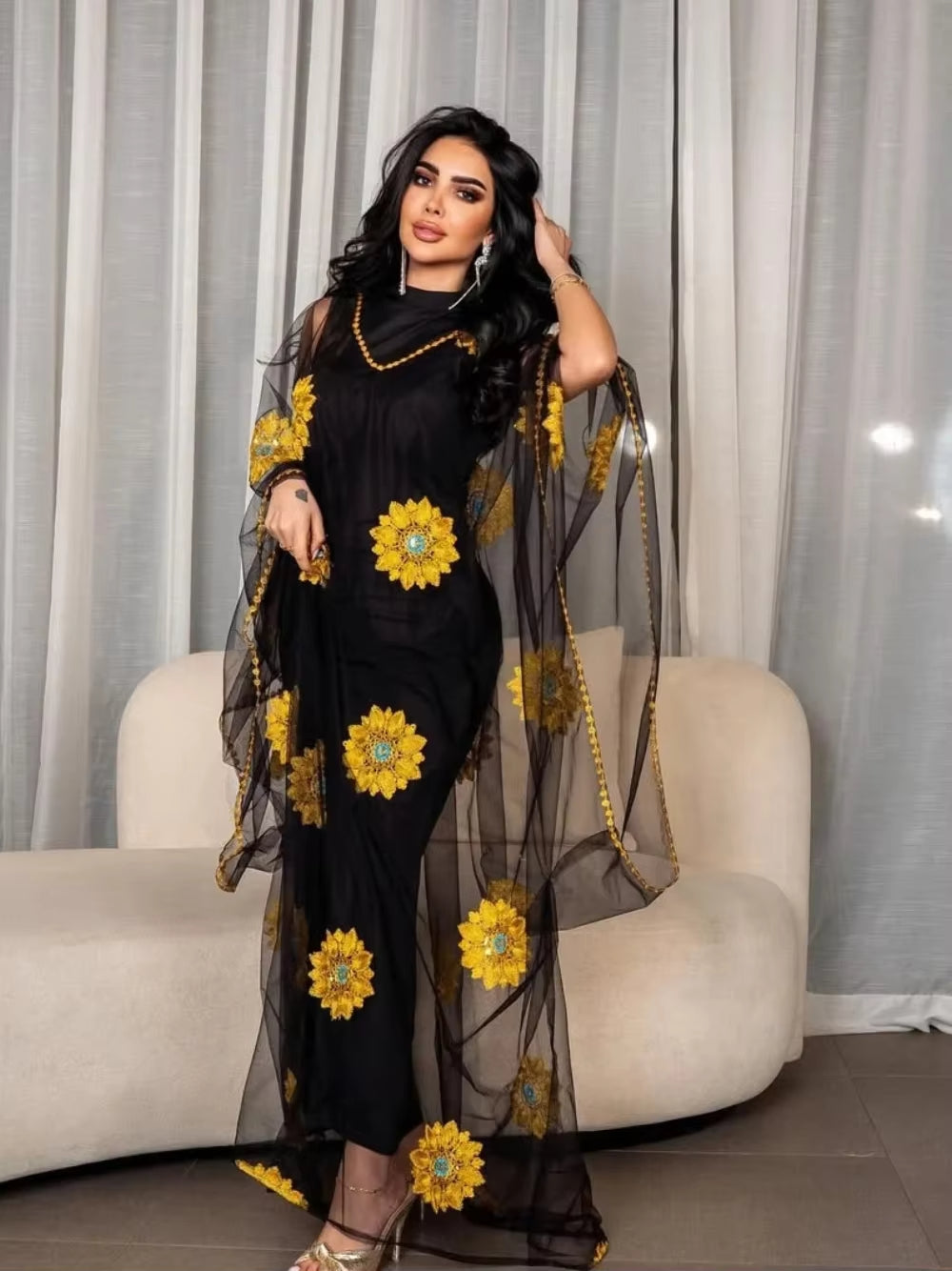 Elegant Black Kaftan Abaya Dress – Floral Embroidery Evening Gown for Women, Modest Maxi Prom Dress Plus