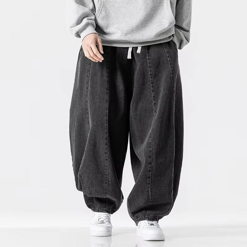2025 New Men's Pants Large Japanese Retro Loose Haren Straight Leg Pants Hong Kong Style Wide Leg Cowboy Lantern Pants