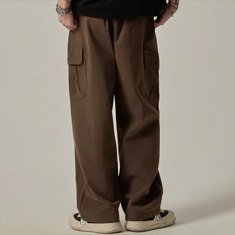 Men's Sweatpants 2026 Spring Autumn Vintage Japanese Wide Leg Straight Loose Button Big Pockets Cargo Pants Drawstring Trousers
