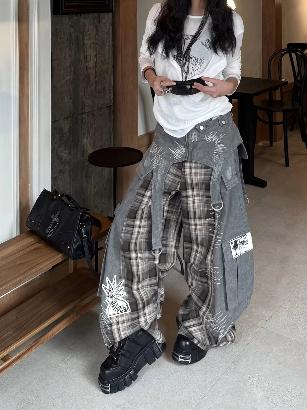 Women's Streetwear Patchwork Plaid Denim Pants Wide Leg with Graphic Print Cargo Trousers Casual Hip Hop Fashion Pants