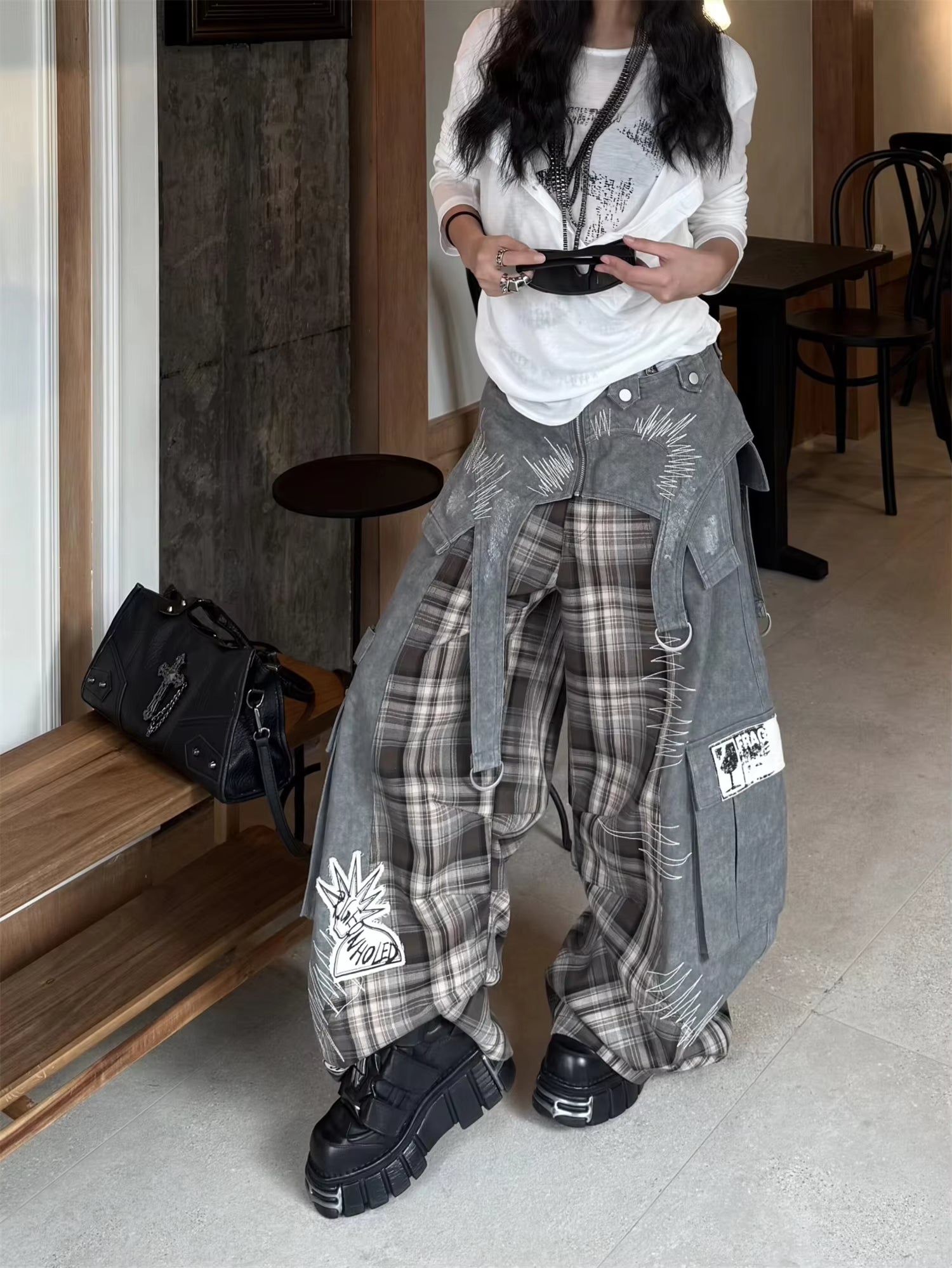 Women's Streetwear Patchwork Plaid Denim Pants Wide Leg with Graphic Print Cargo Trousers Casual Hip Hop Fashion Pants