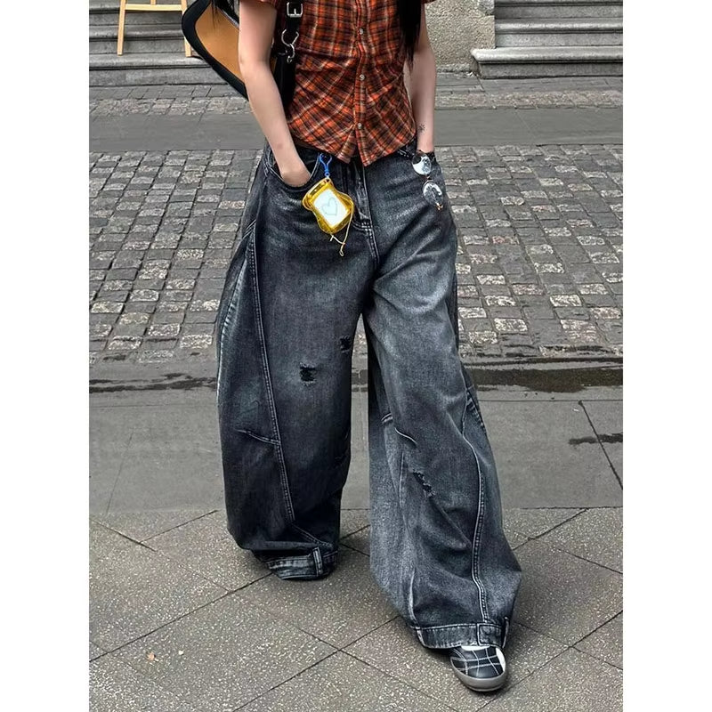 Black Jeans Women Vintage High Waisted Cargo Jeans Straight 2026 Summer Casual Loose Big Size Wide Leg Denim Baggy Pants