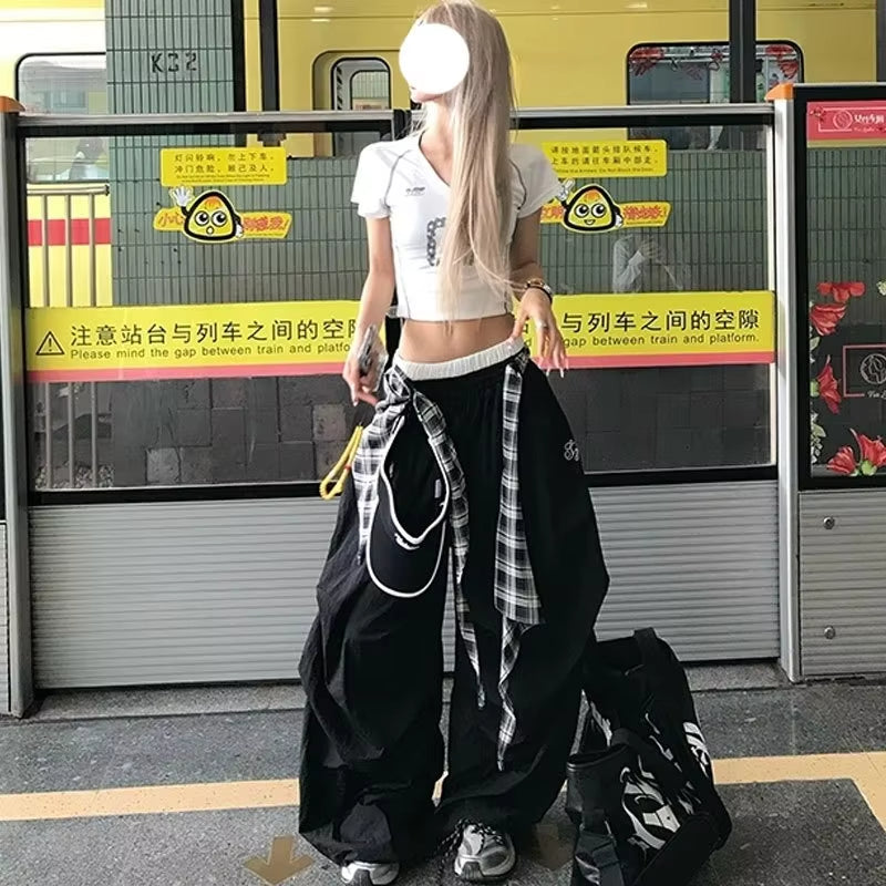 Black Cargo Pants Women Streetwear Plaid Patchwork Baggy Sweatpants Harajuku Wide Leg Joggers Summer Korean Casual Trousers
