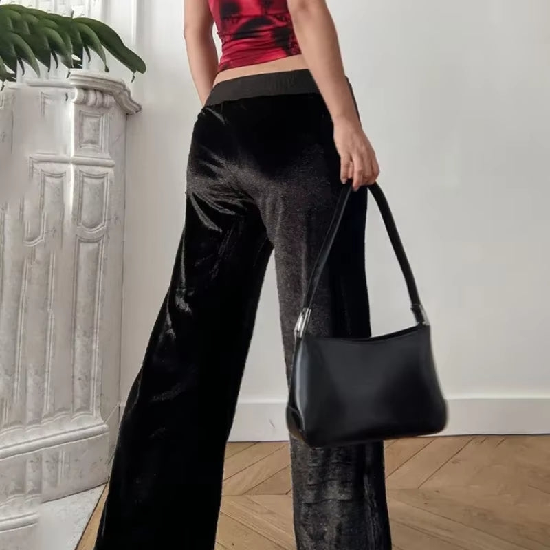 Rhinestones Star Velvet Flared Pants Aesthetic High Waist Baggy Sweatpants Jogging Casual Basic Boot Cut Trousers