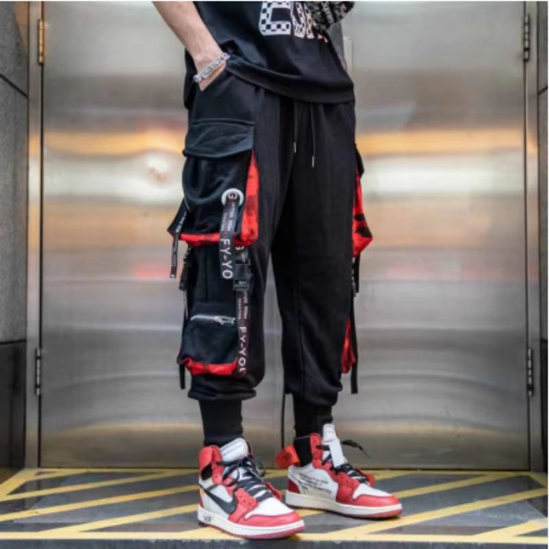 Men's Cargo Pants Casual Hip Hop Hit Color Multiple Pockets Trousers Streetwear Ribbons Techwear Sweatpants