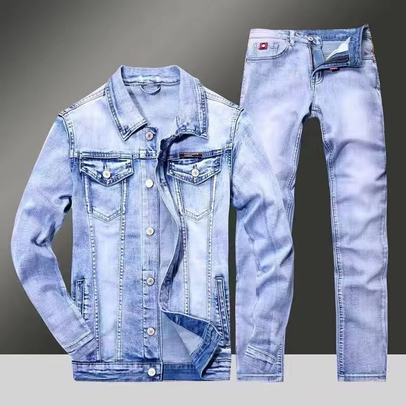 Men's Light Wash Denim Jacket and Jeans Set, Slim Fit 2 Piece Casual Fashion Outfit