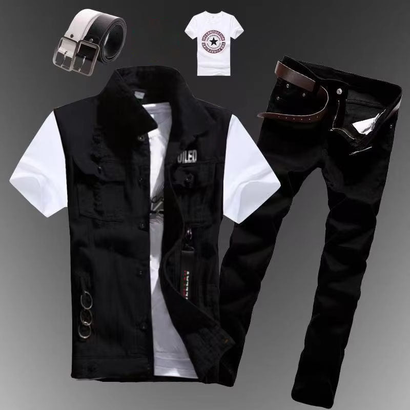 2pcs Set Mens Boys Casual Denim Vest Sleeveless Waistcoat -Jeans Pants Trousers for Summer Autumn Spring Free Send Tshirt Belt