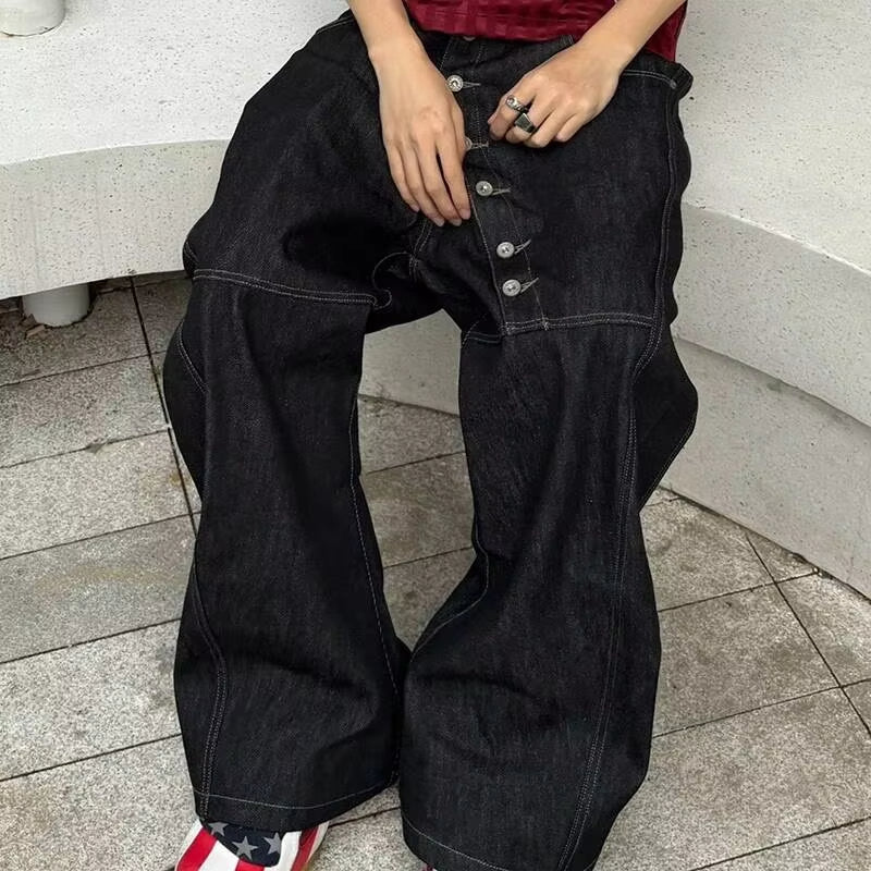 PFNW American High Street Curved Long Button Scimitar Men's Jeans Summer Loose Wide-Leg Pants Trendy Male Trousers 28W8103