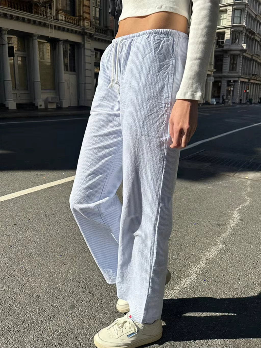 Blue Stripes Drawstring Long Pant Autumn High Waist Casual Loose Trouser Woman Streetwear Preppy Style Sweet Cute Straight Pants