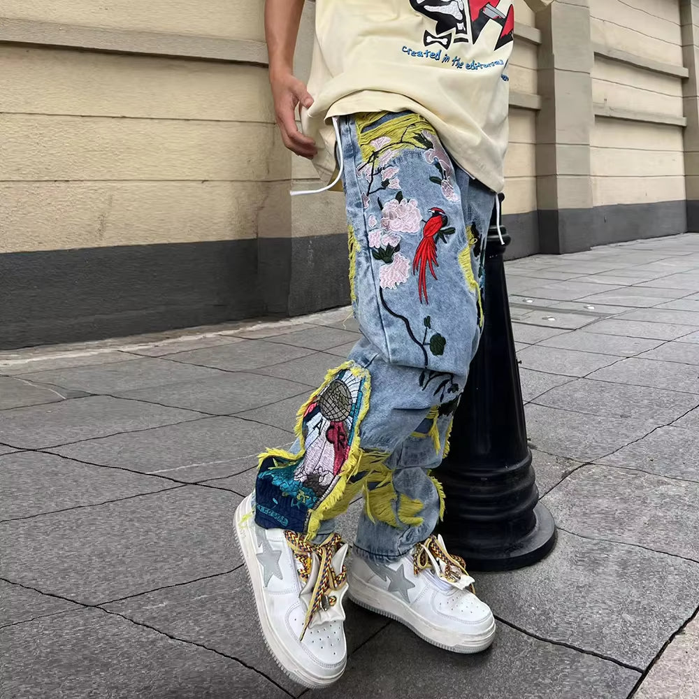 Chinese Painting Embroidered Patch Denim Ripped Jeans for Men Streetwear Pleated Tassels Distressed Destroyed Jean Straight Male