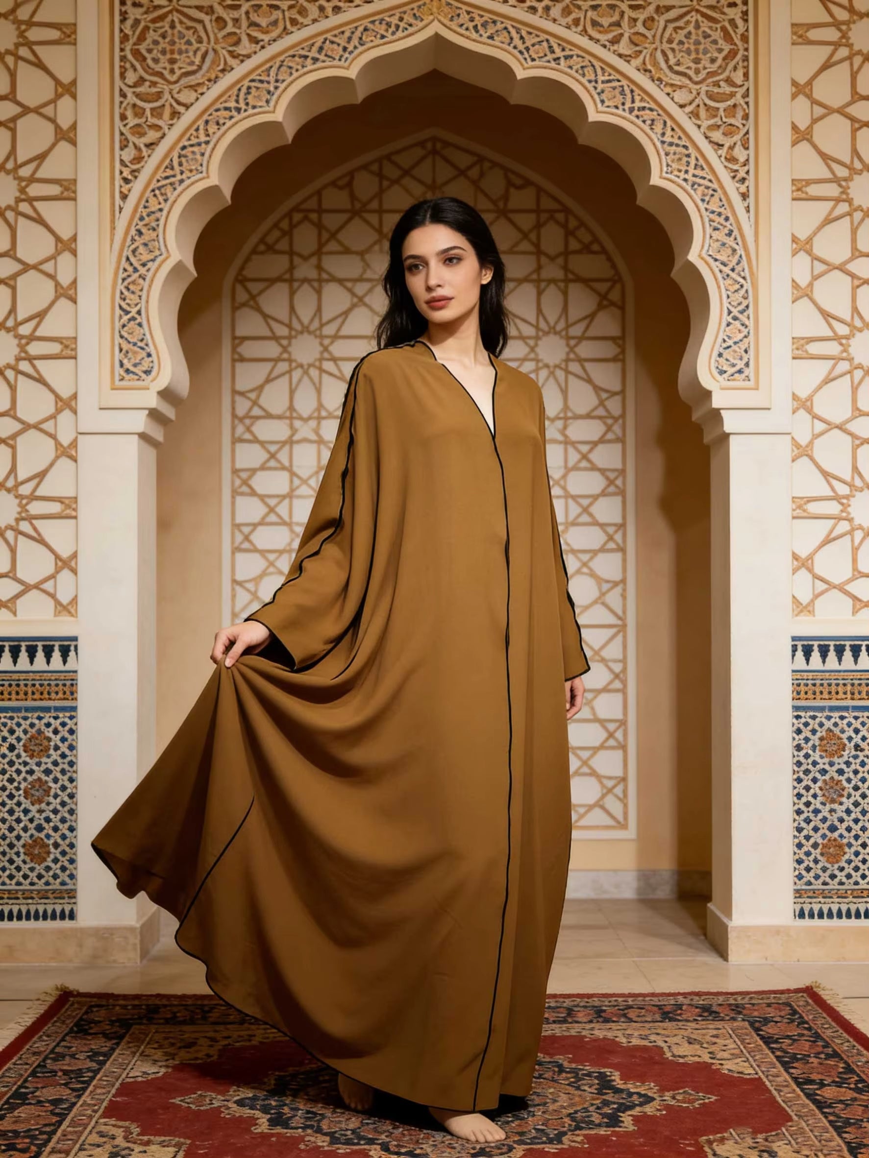 Caramel Brown Satin Abaya With Black Trim Batwing Sleeve Women Muslim Moroccan Kaftan Ramadan Jalabiya Islam Dubai Arabic Robes