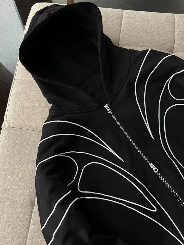 Street Retro Fashion Clothing Striped Embroidered Black Double Zipper Hoodie American Hip-hop Punk Oversized Sweatshirt