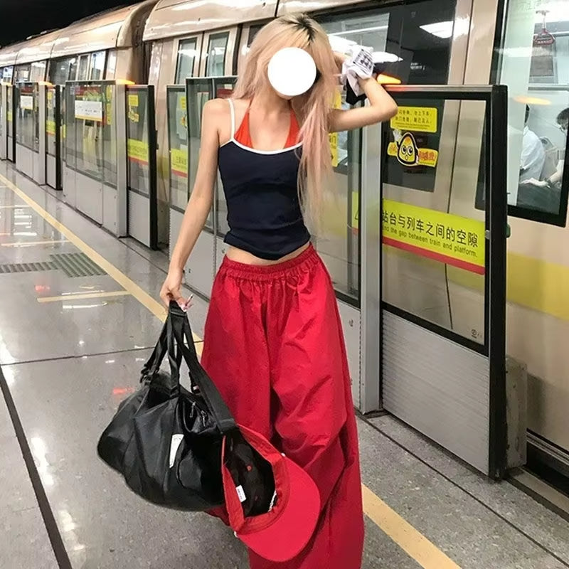 MEXZT Red Cargo Pants Women Harajuku Baggy Sweatpants Streetwear Wide Leg Joggers Summer Gyaru Korean Casual Trousers New