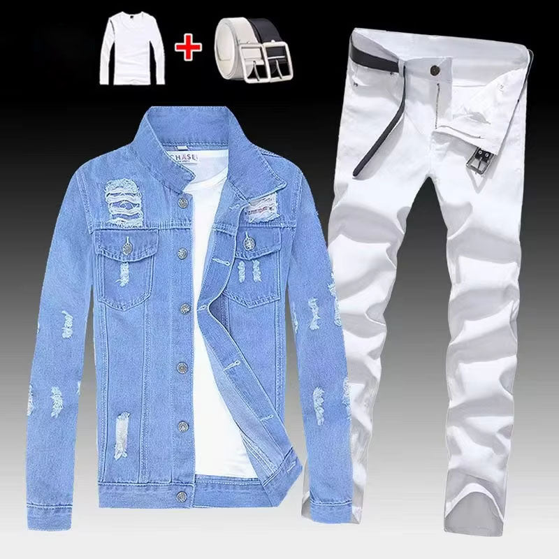 Men's Light Wash Denim Jacket and White Pants Set, Slim Fit Casual Streetwear Outfit for Men