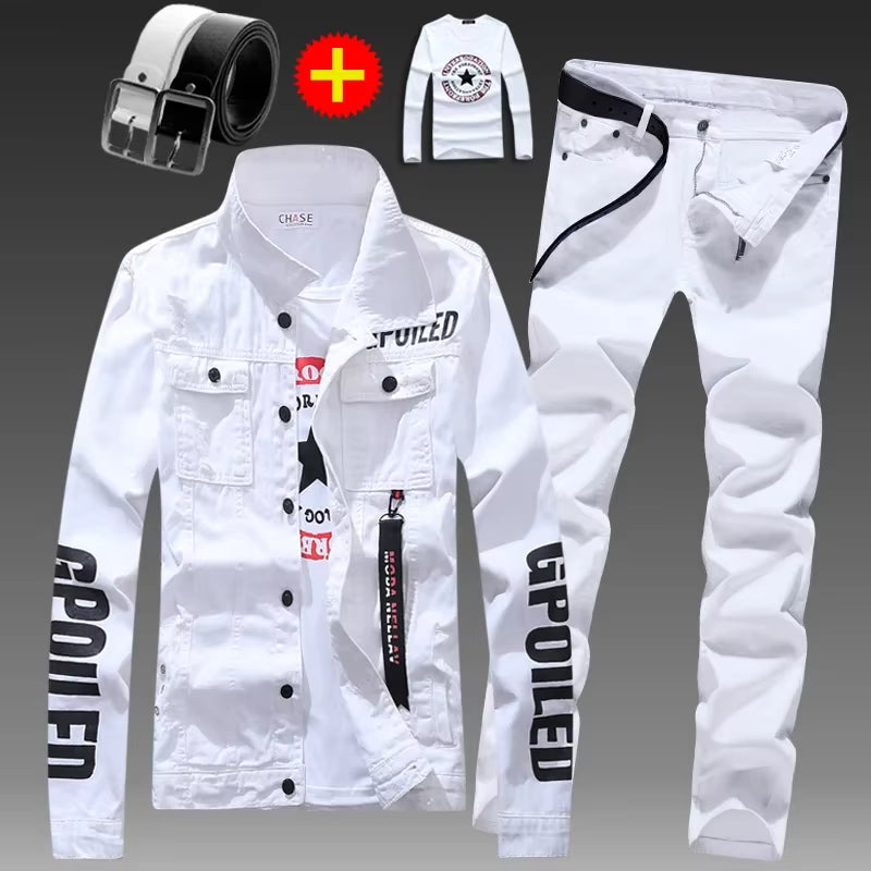 Men Slim Fit White Denim Jacket and Jeans Set, Slim Fit Jeans for Men, Streetwear Casual Suit, Printed Outfit