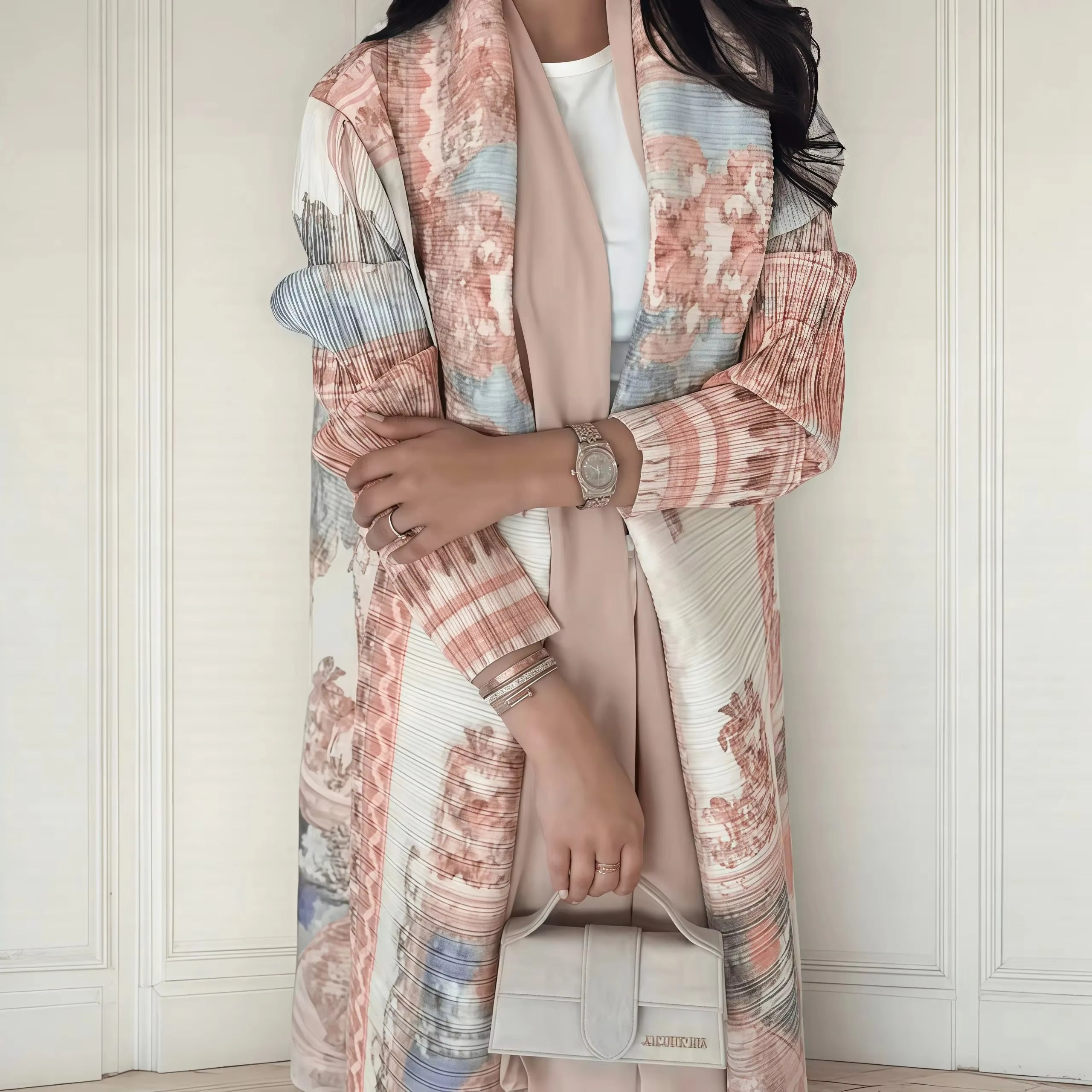 Elegant Pleated Open Front Abaya – Vintage Print Miyake Style Kimono Cardigan, Lightweight Modest Long Robe