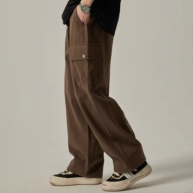 Men's Sweatpants 2026 Spring Autumn Vintage Japanese Wide Leg Straight Loose Button Big Pockets Cargo Pants Drawstring Trousers