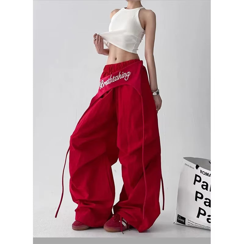 Korean Cargo Pants Women Streetwear Letter Print Baggy Sweatpants Gyaru Harajuku Wide Leg Joggers Summer Casual Trousers