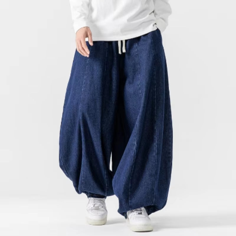 2025 New Men's Pants Large Japanese Retro Loose Haren Straight Leg Pants Hong Kong Style Wide Leg Cowboy Lantern Pants