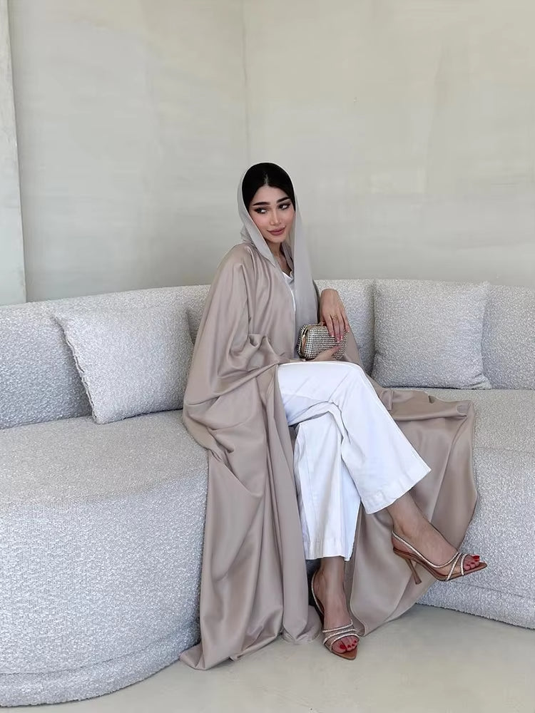 Elegant Satin Abaya for Women – Bat Sleeve Hooded Long Robe, Loose Modest Middle Eastern Kaftan Coat
