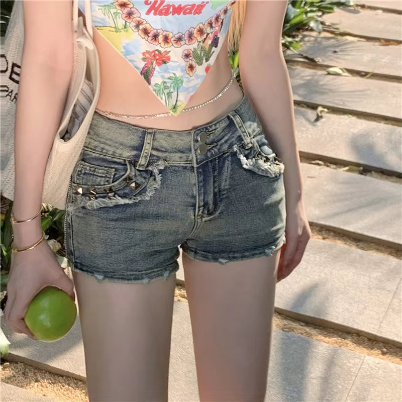 American Retro Low Waist Denim Shorts Women Summer Slim Fit High Street Hot Pants Girl Elastic Wrapped Cowboy Jeans